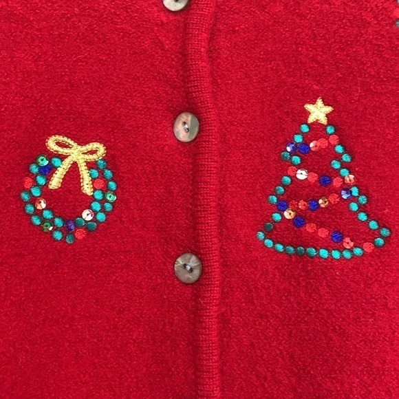 Karen Scott Sport Red Christmas Wool Thick Knit Embroidered Sequin Cardigan M/L - Picture 13 of 16